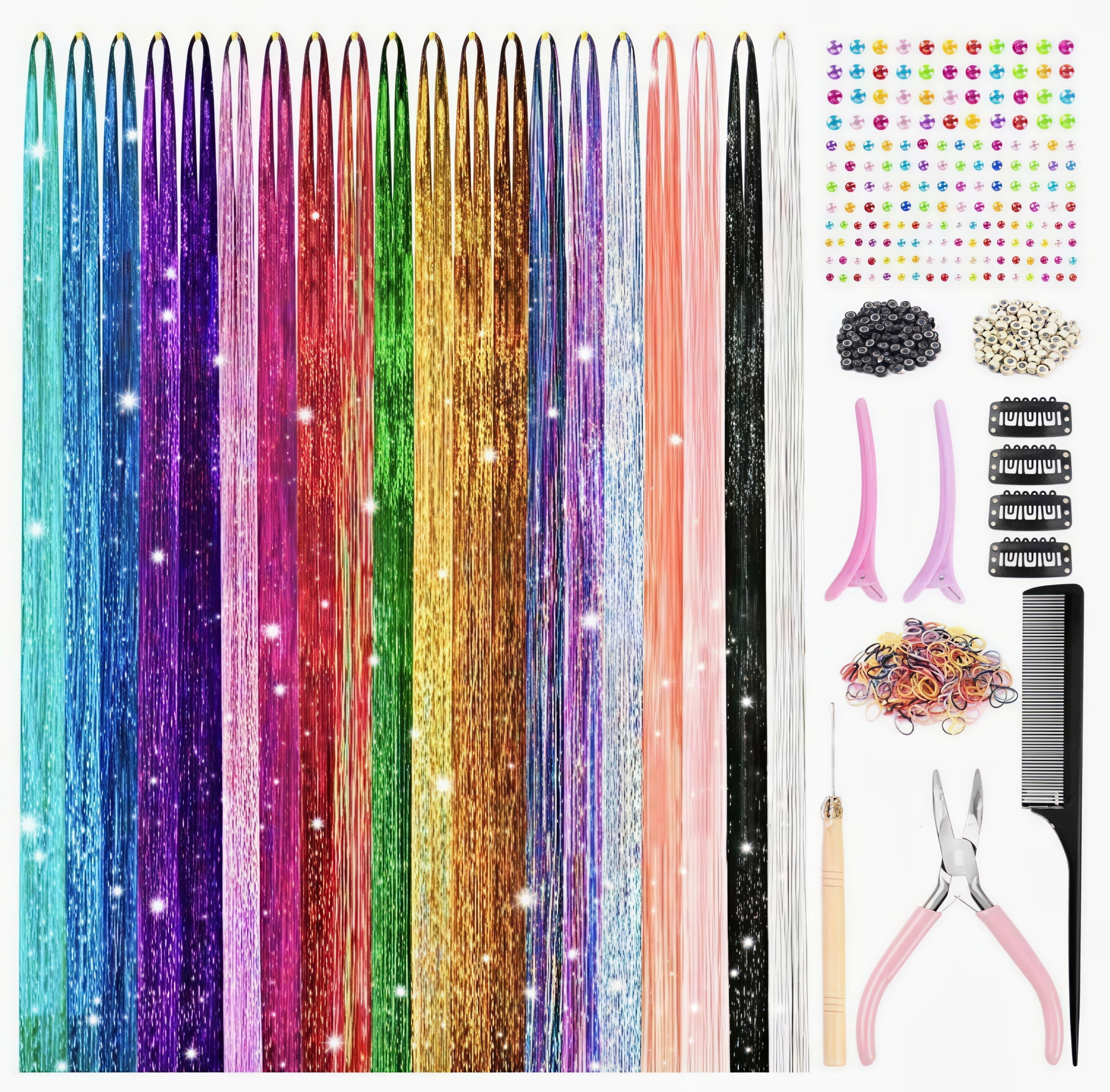 DIFELOP Hair Tinsel Kit, 20 Colors 48in with Tools Fairy Tinsel Hair Extensions Kit