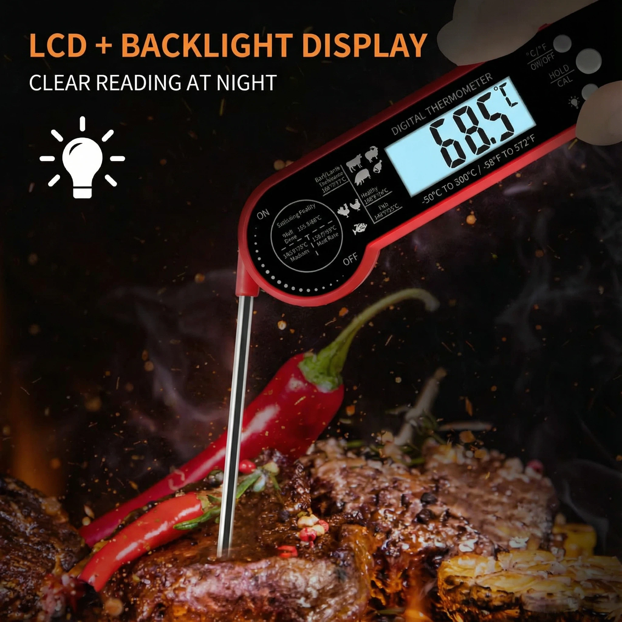 DIFELOP Food Thermometer,Meat Thermometer Instant-Read, Waterproof for Perfect BBQ, Cooking ThermometerDeep Fry & Baking – Features Backlight & Calibration