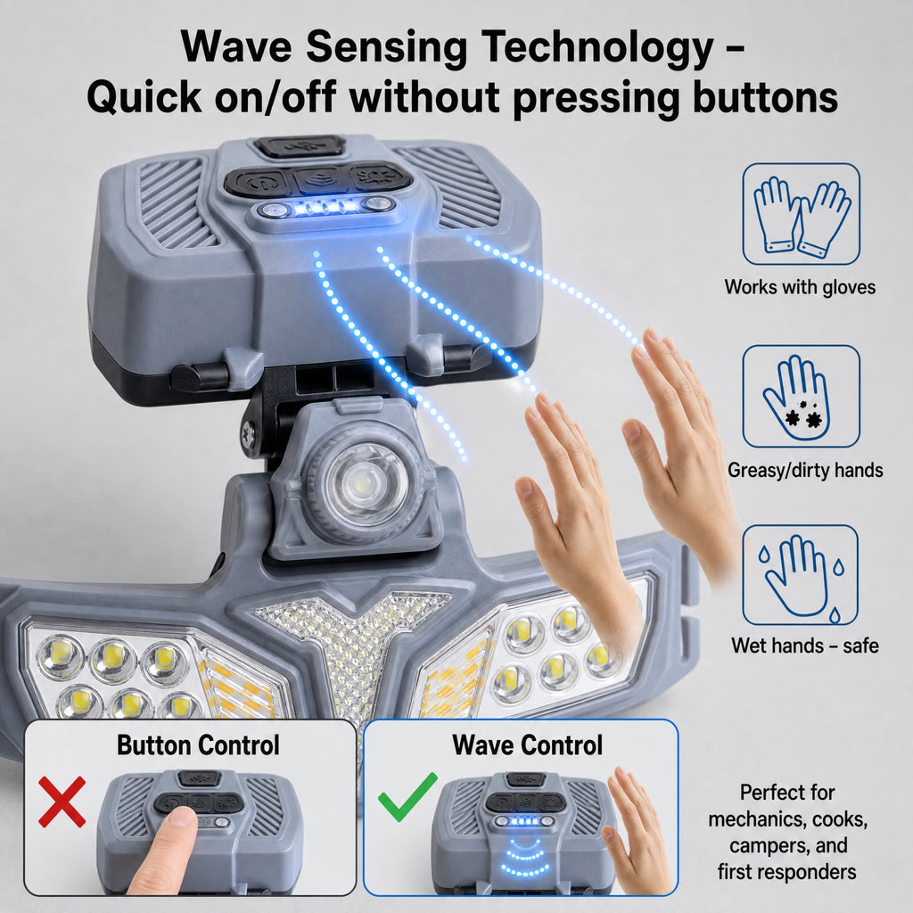 DIFELOP Rechargeable Headlight, Multifunction High Brightness Safe Rechargeable Headlamp, Wave Sensing,Solar Charging Outer Box