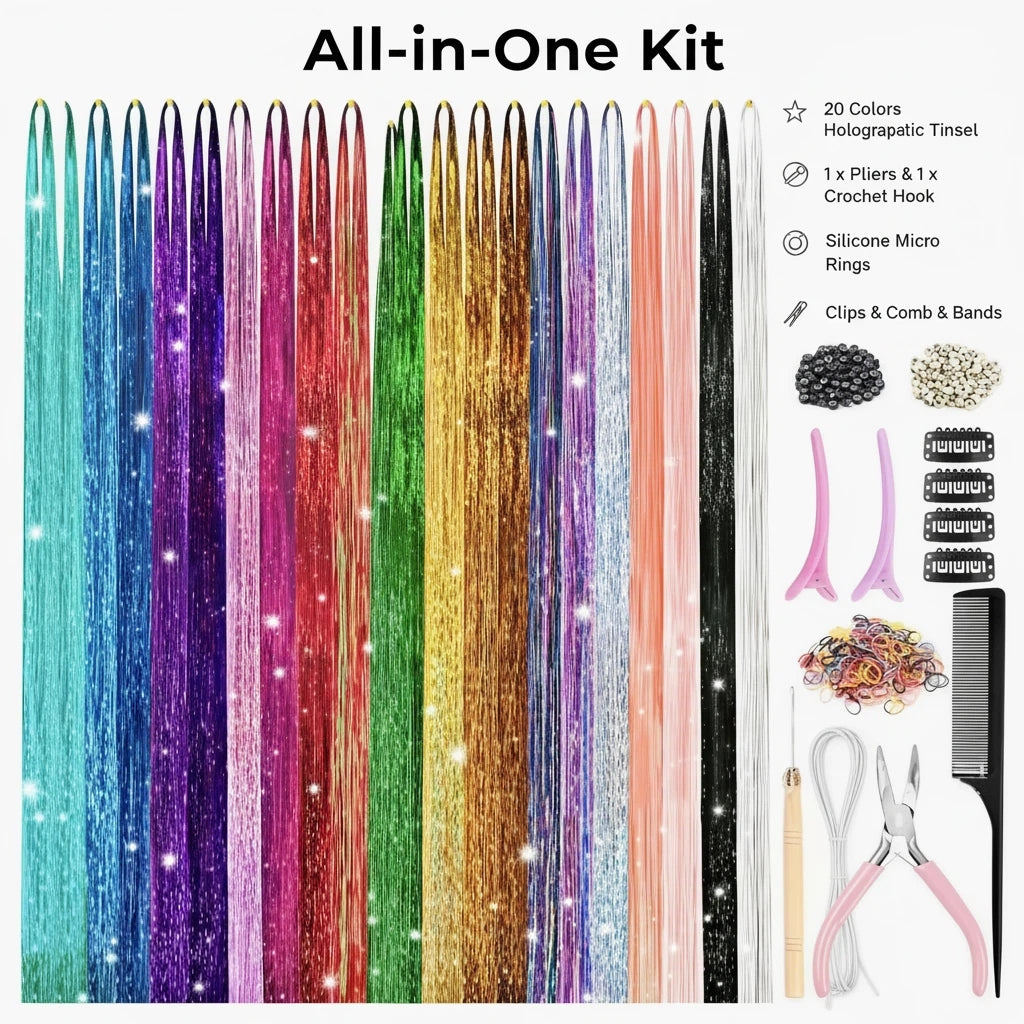 DIFELOP Hair Tinsel Kit, 20 Colors 48in with Tools Fairy Tinsel Hair Extensions Kit