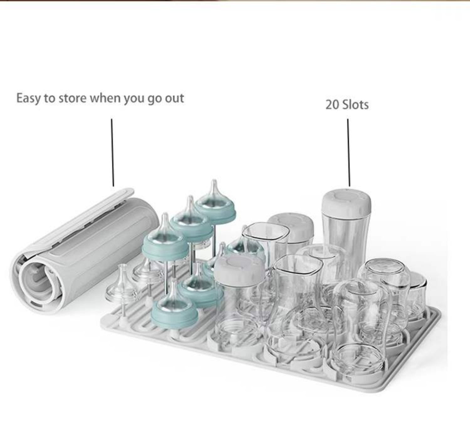 Baby Bottle Drying Rack with 20 Hooks, Space Saving Kitchen Bottles Rack Dryer, Vertical Baby Bottle Holder Organizer for Countertop Storage Accessories (Gray)