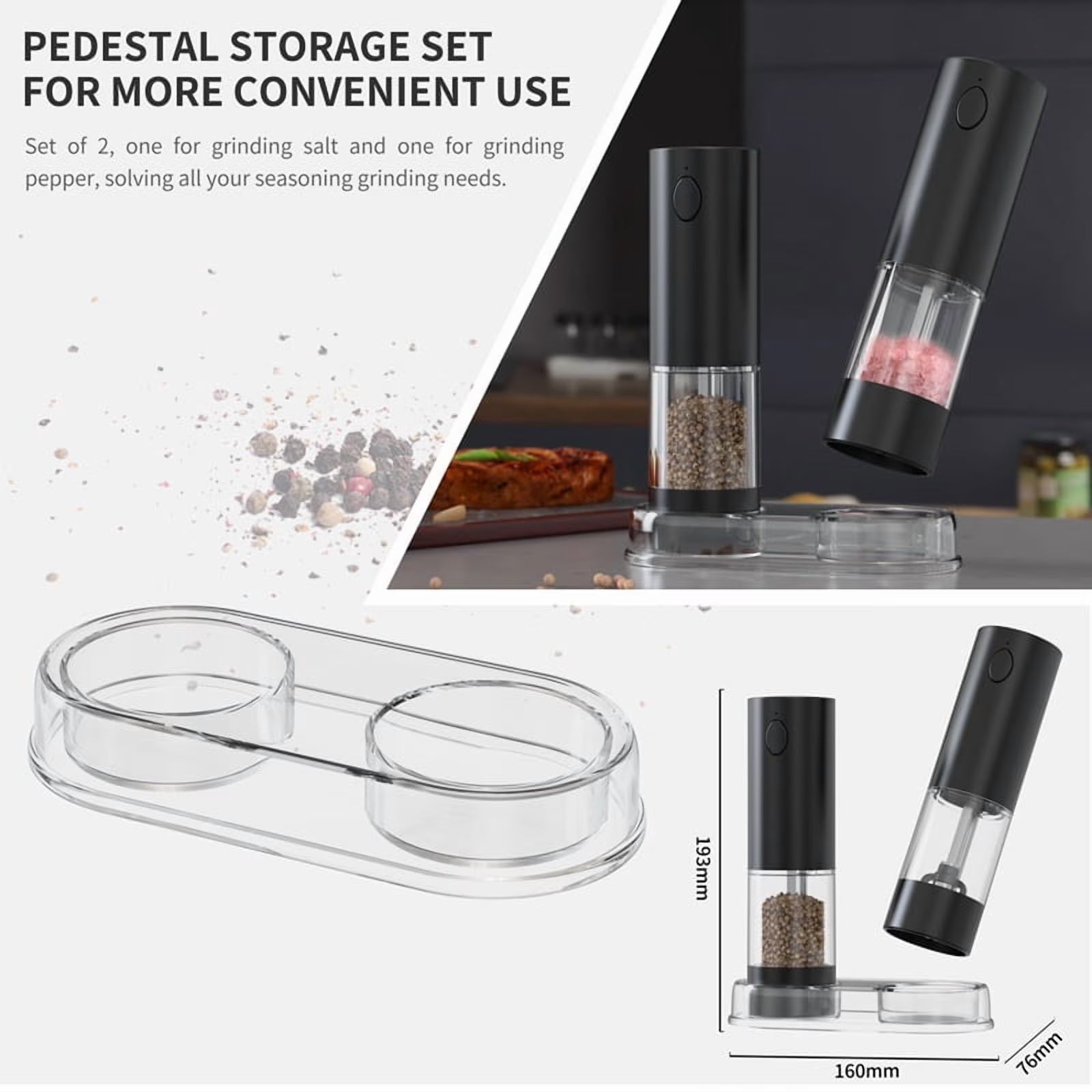 Electric Salt and Pepper Grinder Set, Stainless Steel Rechargeable Automatic Pepper Mill Shakers with USB Charging Base,95ml Large Capacity, External Adjustable Coarseness,LED Light,2 Pack