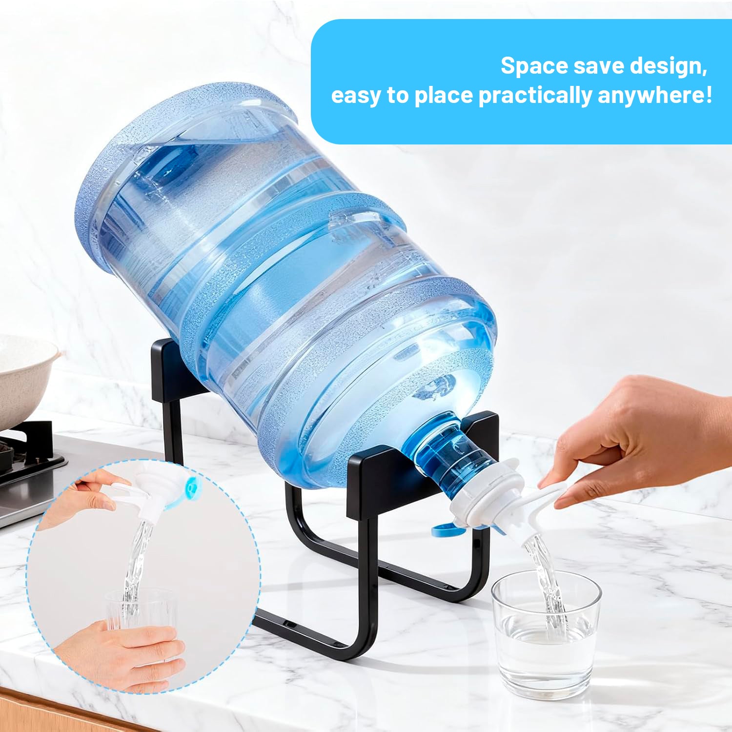 Stainless Steel 3-5 Gallon Water Jug Stand and 1 Dispenser Valves, Rust-Resistant Non Slip Water Stand with BPA Free Fast Flow Water Spout (Black)