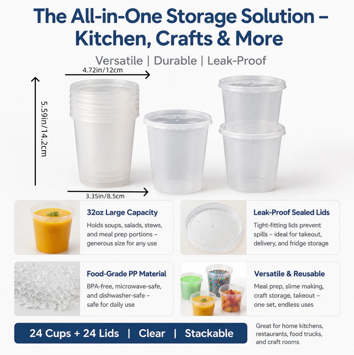 DIFELOP 32 oz Deli Containers with Lids, 24 Pack Clear Plastic Food Storage Containers, Leakproof Soup and Meal Prep Bowls, BPA Free PP Cups for Takeout, Leftovers and Slime