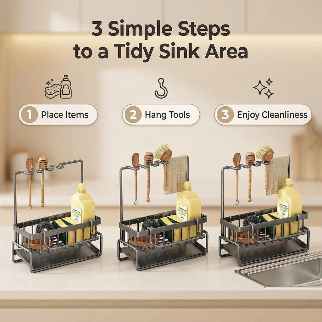 DIFELOP Kitchen Sink Organizer Caddy with High Brush & Sponge Holder, 304 Rustproof Stainless Steel Countertop Decor, Kitchen Accessories for Sink Area