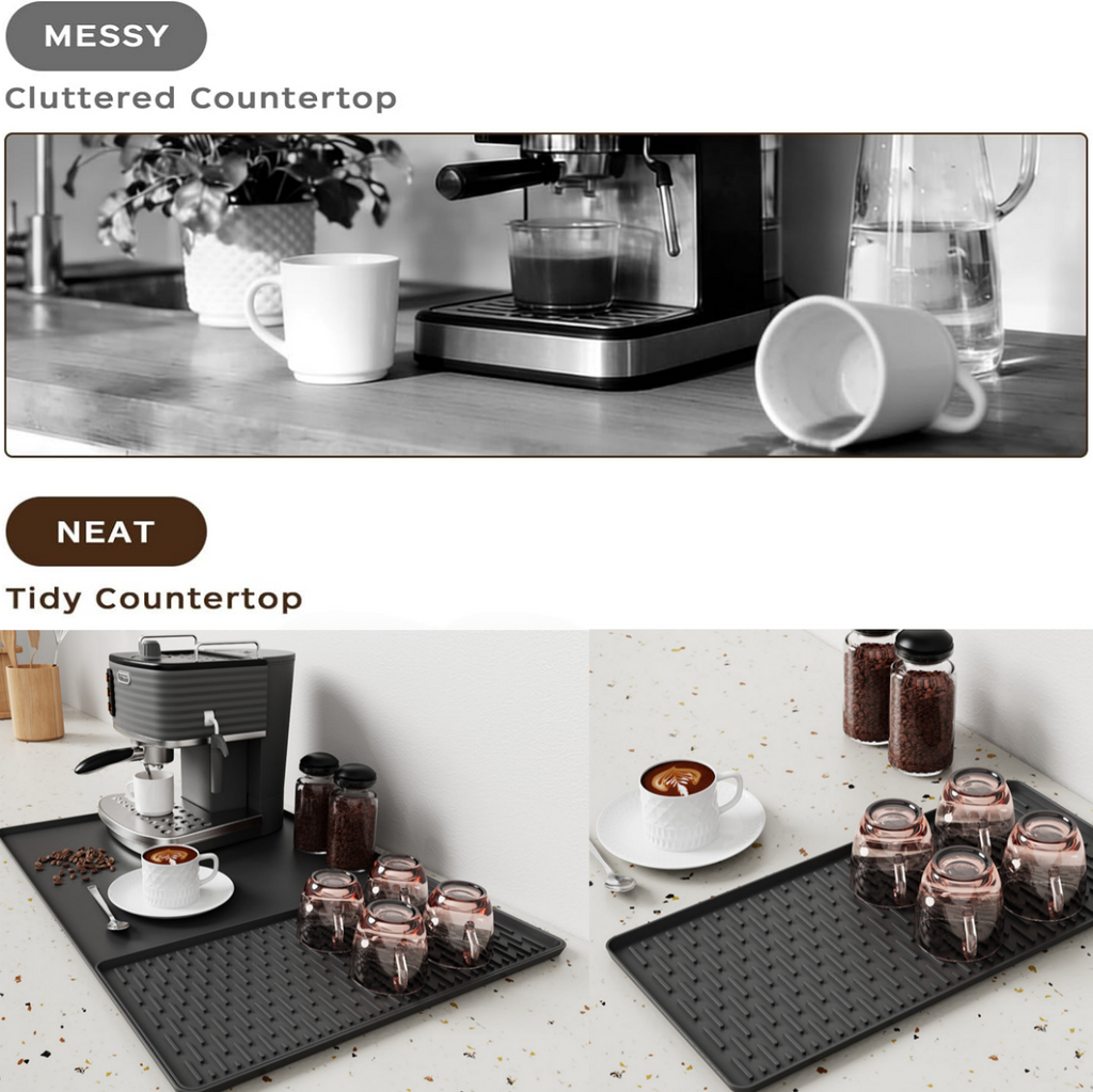 DIFELOP Silicone Coffee Mat, 2-in-1 Countertop Coffee Bar Mat with Drip Tray, Heat Resistant Dish Drying Pad for Kitchen Counters, Coffee Machines, and Cups, Black
