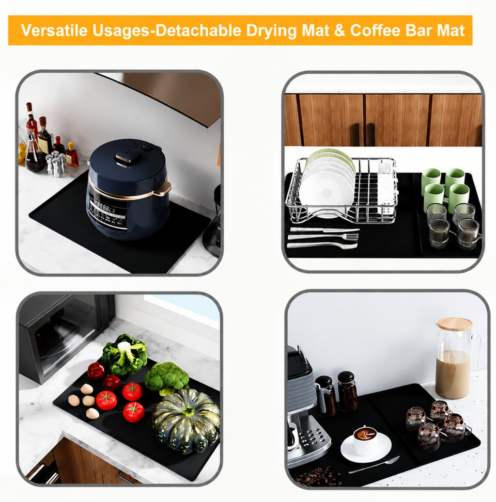 DIFELOP Silicone Coffee Mat, 2-in-1 Countertop Coffee Bar Mat with Drip Tray, Heat Resistant Dish Drying Pad for Kitchen Counters, Coffee Machines, and Cups, Black