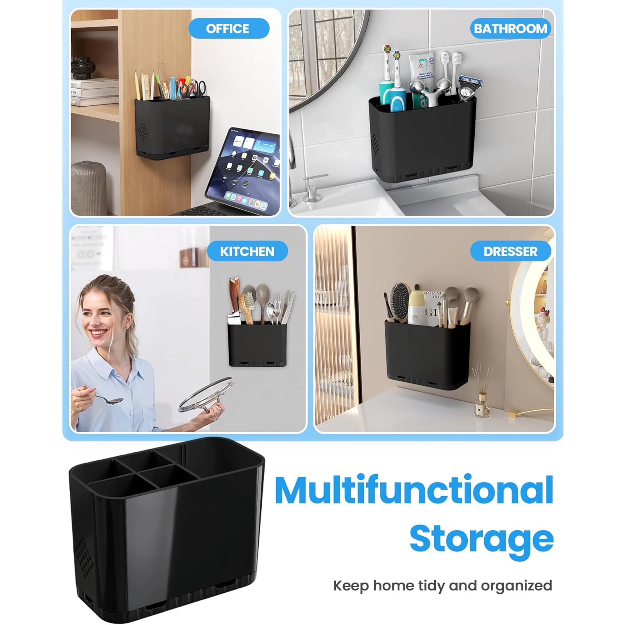 DIFELOP Toothbrush Holder Organizer for Bathroom Sink, Black Countertop Stand with Dividers and Toothpaste Slot, Vanity & Office Storage