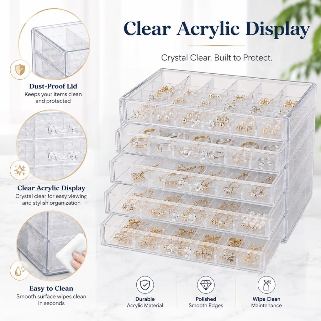 DIFELOP Acrylic Jewelry Box for Earring Storage, 5 Layer 120 Grids Transparent Earring Organizer, Dustproof Acrylic Jewelry Storage Gift for Women Girls, Clear Display Case
