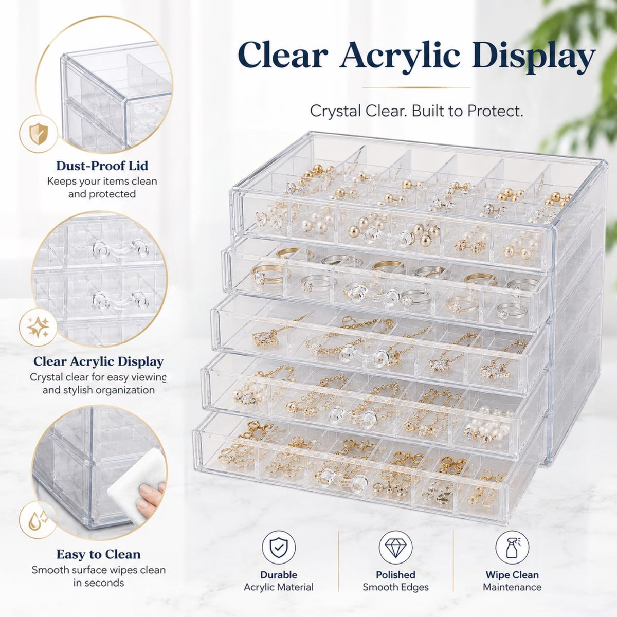 DIFELOP Acrylic Jewelry Box for Earring Storage, 5 Layer 120 Grids Transparent Earring Organizer, Dustproof Acrylic Jewelry Storage Gift for Women Girls, Clear Display Case