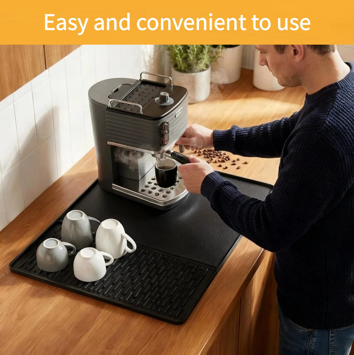 DIFELOP Silicone Coffee Mat, 2-in-1 Countertop Coffee Bar Mat with Drip Tray, Heat Resistant Dish Drying Pad for Kitchen Counters, Coffee Machines, and Cups, Black