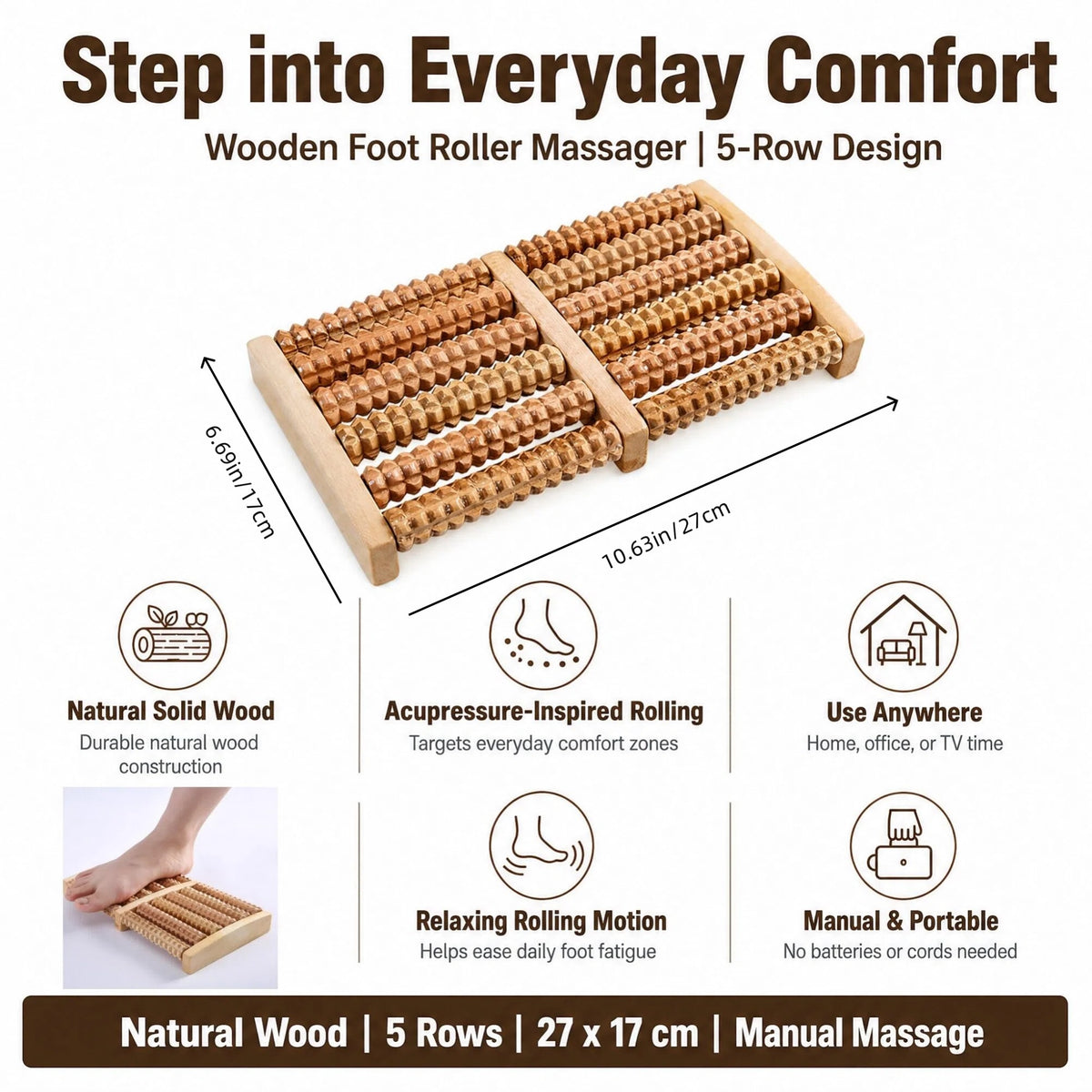 DIFELOP Foot Roller Massager, Large Wooden Foot Massager Roller with 5 Acupressure Rows for Plantar Fasciitis, Heel Pain, Arch Pain and Foot Fatigue Relief
