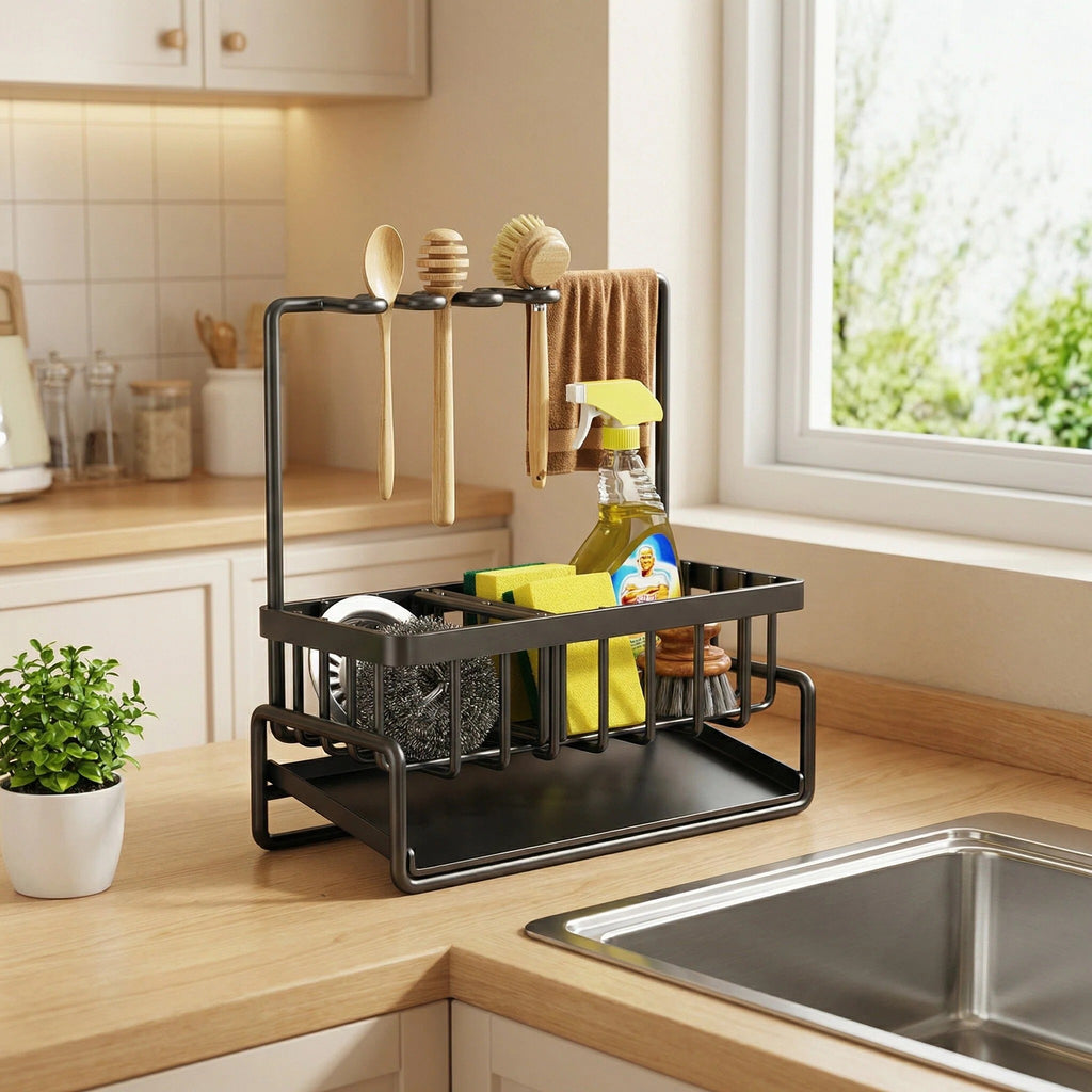 DIFELOP Kitchen Sink Organizer Caddy with High Brush & Sponge Holder, 304 Rustproof Stainless Steel Countertop Decor, Kitchen Accessories for Sink Area