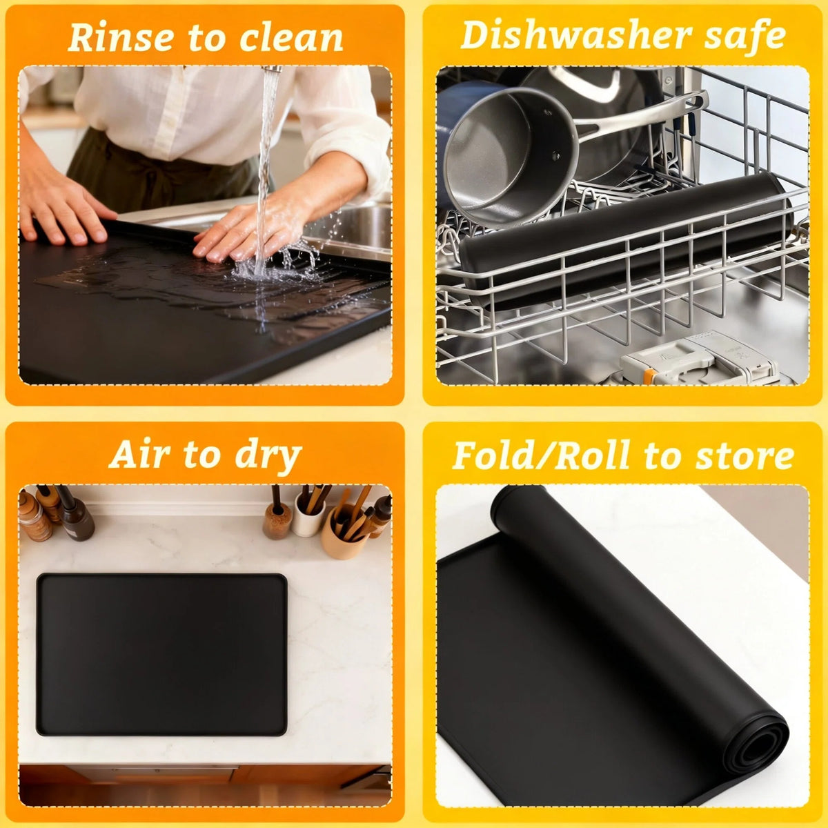 DIFELOP Silicone Coffee Mat, 2-in-1 Countertop Coffee Bar Mat with Drip Tray, Heat Resistant Dish Drying Pad for Kitchen Counters, Coffee Machines, and Cups, Black