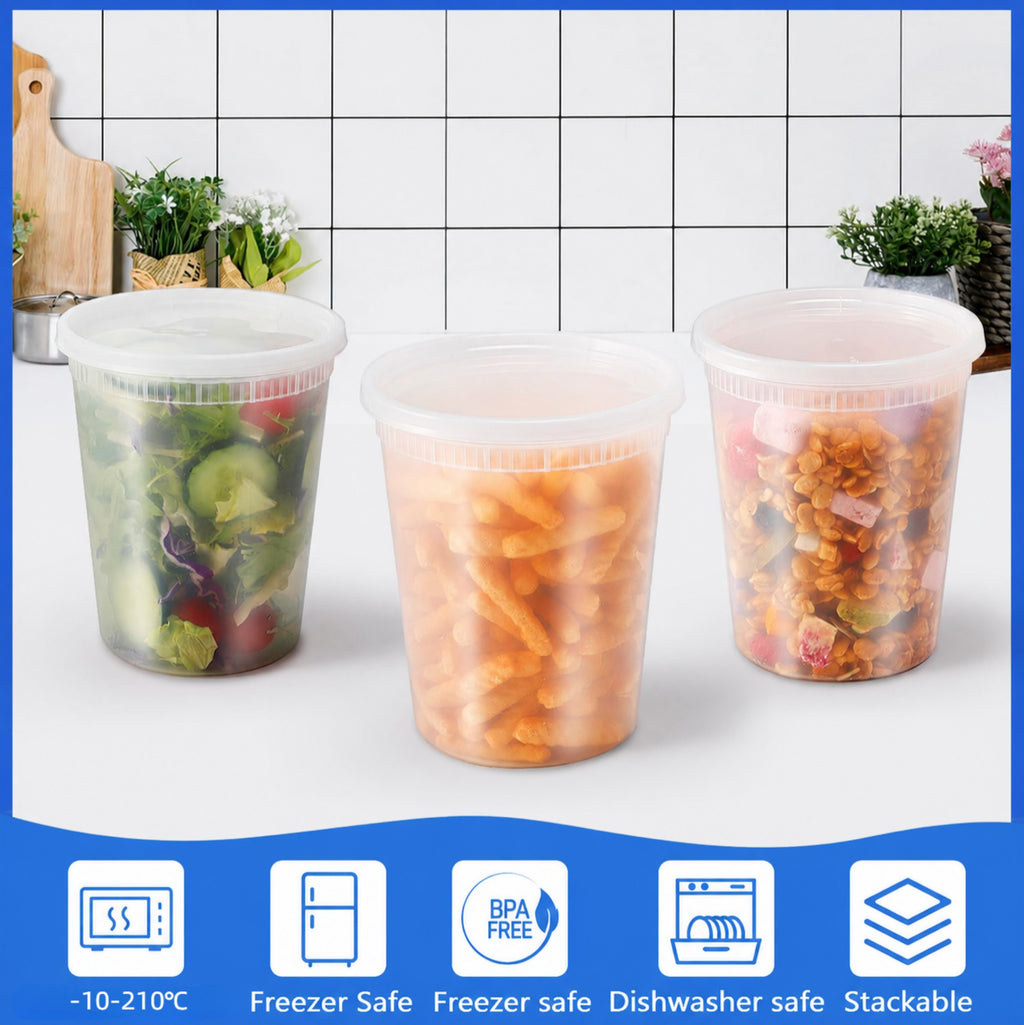 DIFELOP 32 oz Deli Containers with Lids, 24 Pack Clear Plastic Food Storage Containers, Leakproof Soup and Meal Prep Bowls, BPA Free PP Cups for Takeout, Leftovers and Slime