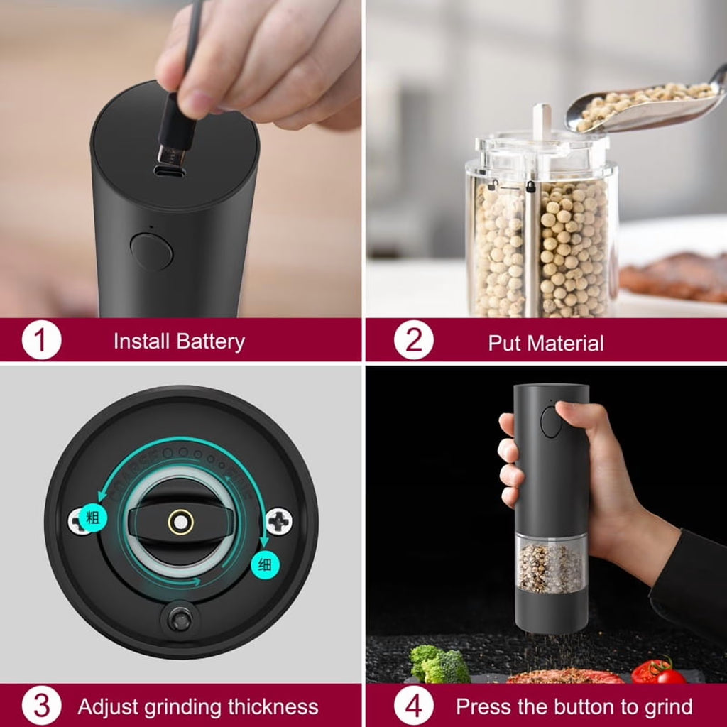 Electric Salt and Pepper Grinder Set, Stainless Steel Rechargeable Automatic Pepper Mill Shakers with USB Charging Base,95ml Large Capacity, External Adjustable Coarseness,LED Light,2 Pack