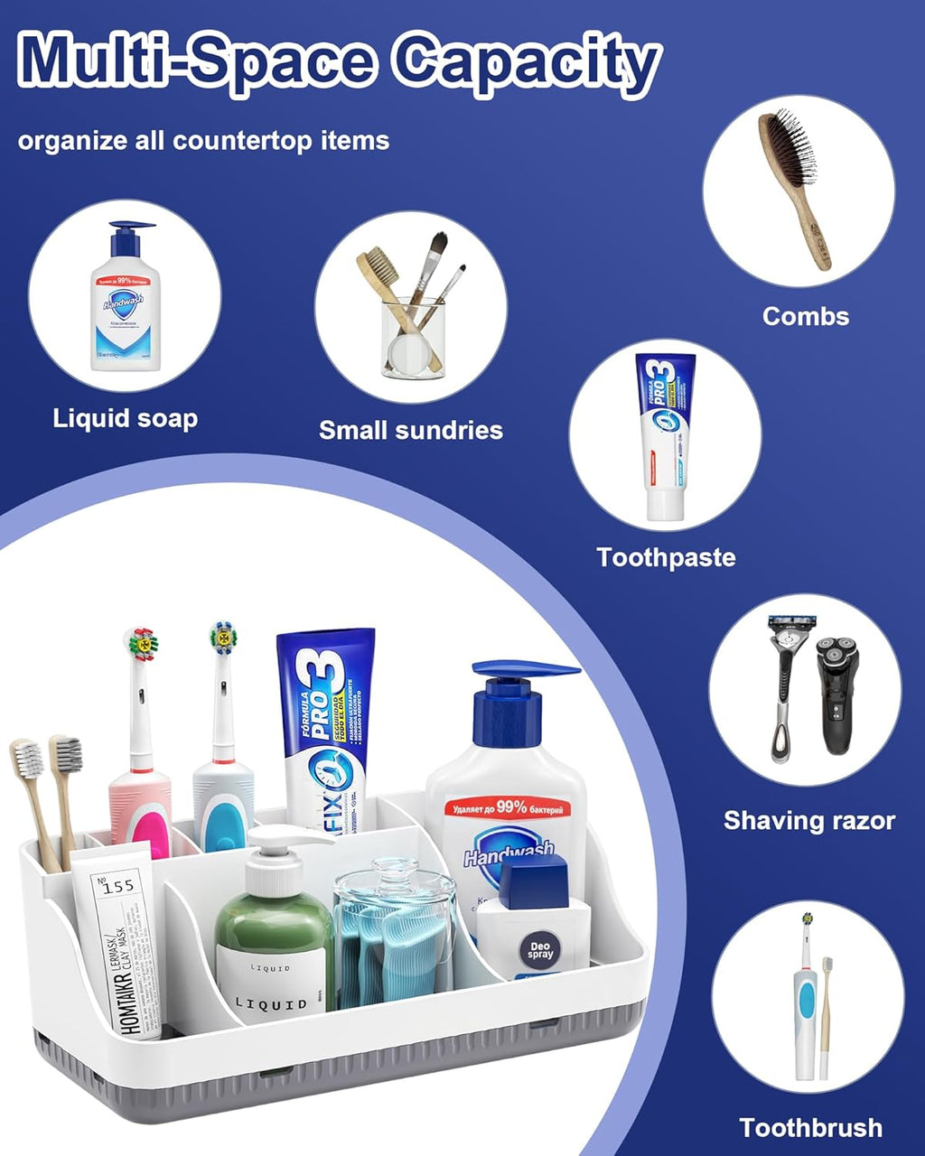 Toothbrush Holders for Bathrooms, 7 Slots Detachable Anti-Slip Bathrooms Counter Organizer and Storage, Electric Toothbrush and Toothpaste Holder Vanity Organizer, Storage Accessories for Adults Kids