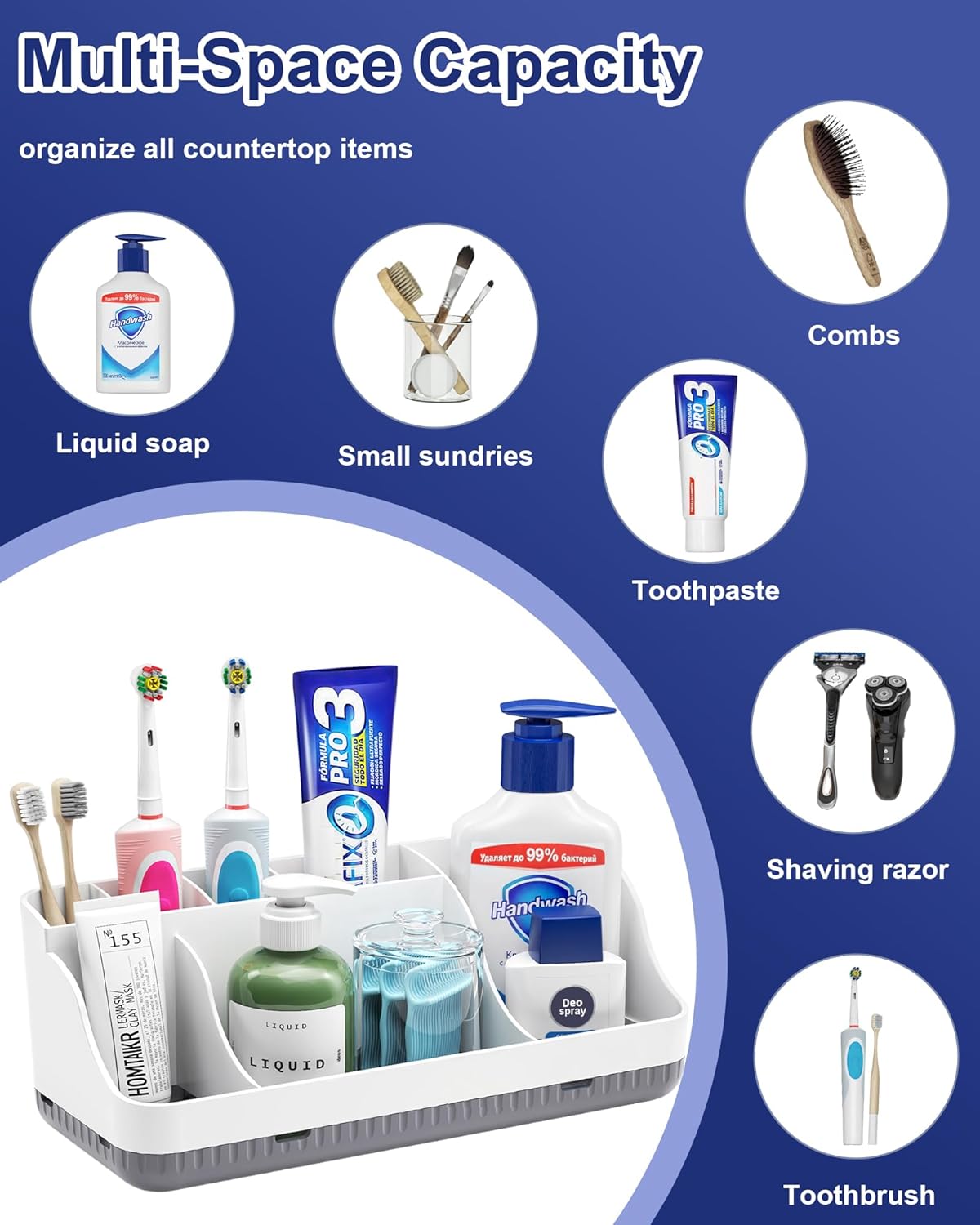 Toothbrush Holders for Bathrooms, 7 Slots Detachable Anti-Slip Bathrooms Counter Organizer and Storage, Electric Toothbrush and Toothpaste Holder Vanity Organizer, Storage Accessories for Adults Kids