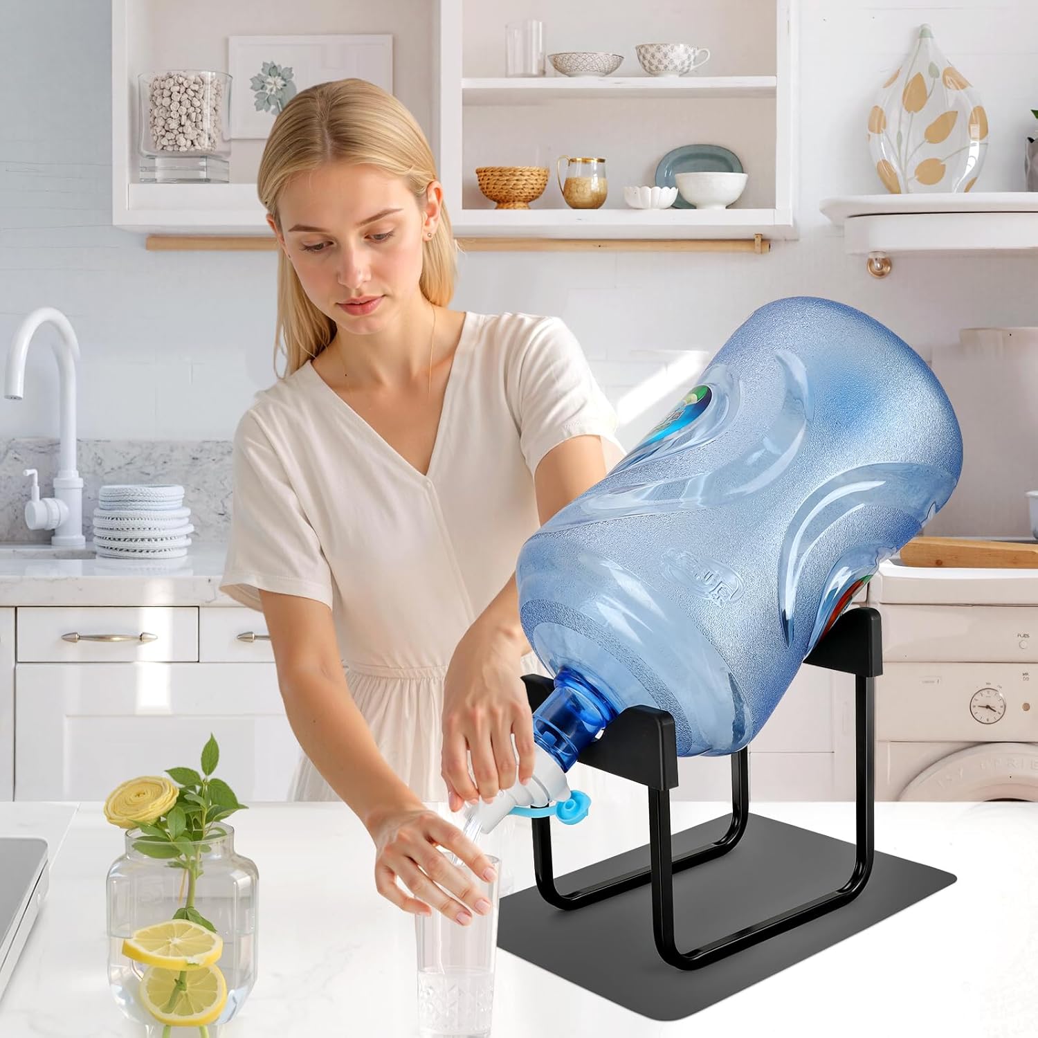 Stainless Steel 3-5 Gallon Water Jug Stand and 1 Dispenser Valves, Rust-Resistant Non Slip Water Stand with BPA Free Fast Flow Water Spout (Black)