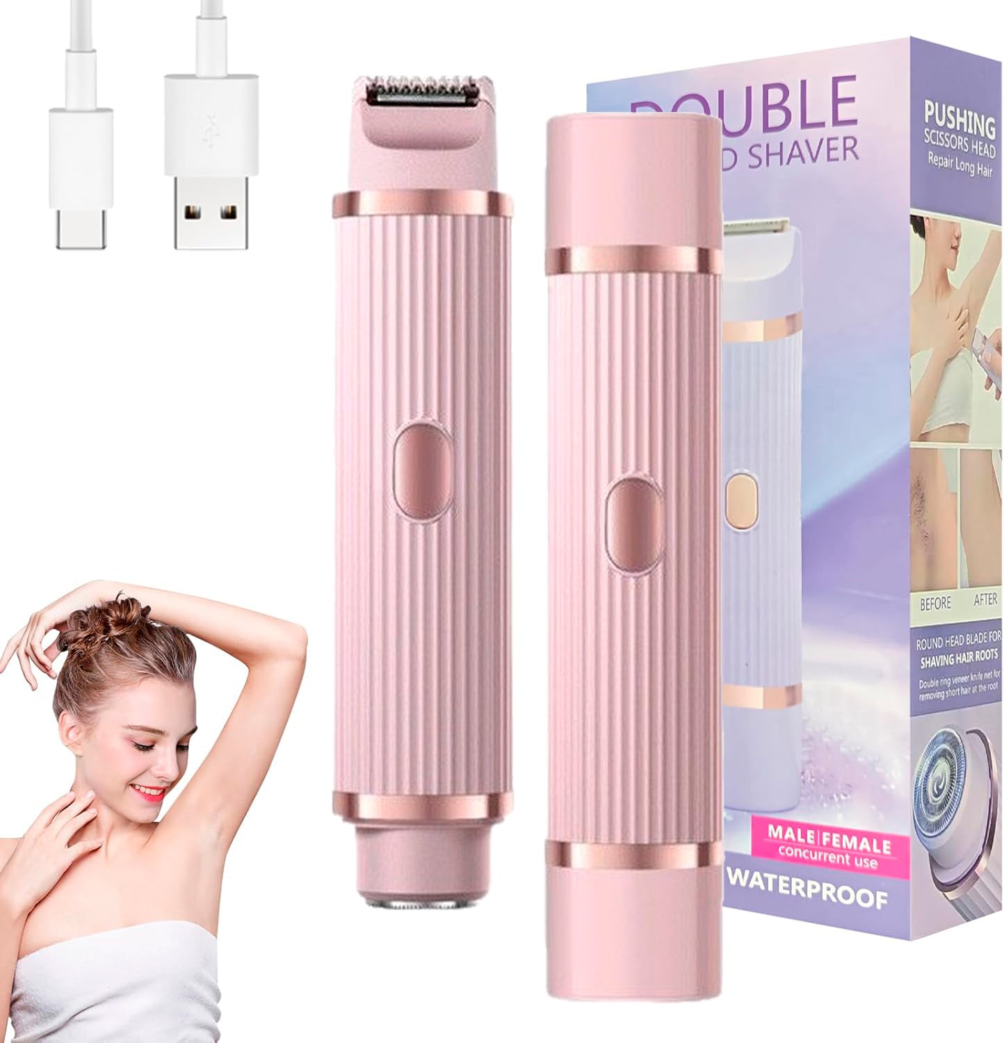 DIFELOP 2-in-1 Bikini Trimmer for Women, Dual Head Electric Razors Shaver | Painless Bikini, Body & Facial Hair Remover for Wet/Dry Use, Pink