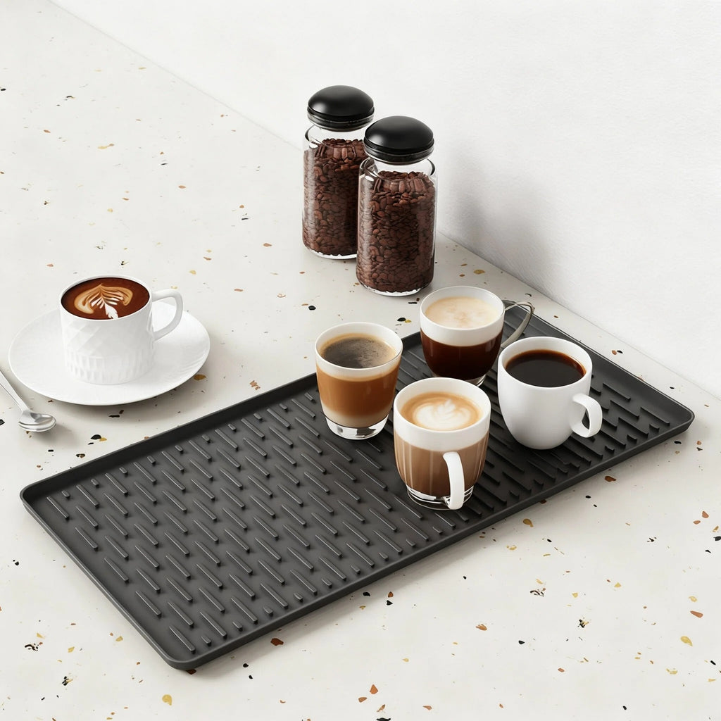 DIFELOP Silicone Coffee Mat, 2-in-1 Countertop Coffee Bar Mat with Drip Tray, Heat Resistant Dish Drying Pad for Kitchen Counters, Coffee Machines, and Cups, Black