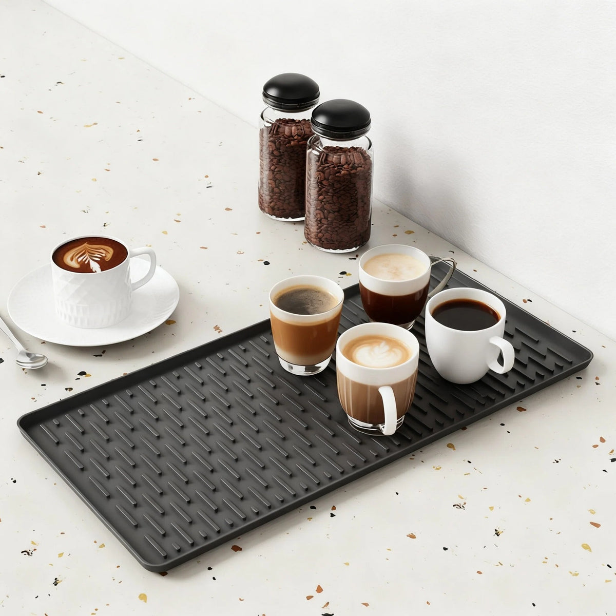 DIFELOP Silicone Coffee Mat, 2-in-1 Countertop Coffee Bar Mat with Drip Tray, Heat Resistant Dish Drying Pad for Kitchen Counters, Coffee Machines, and Cups, Black