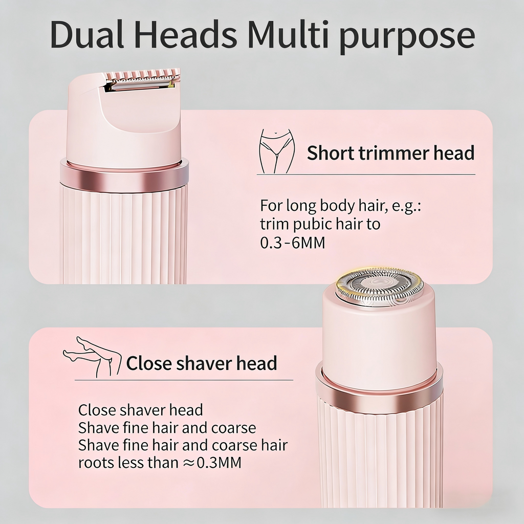 DIFELOP 2-in-1 Bikini Trimmer for Women, Dual Head Electric Razors Shaver | Painless Bikini, Body & Facial Hair Remover for Wet/Dry Use, Pink