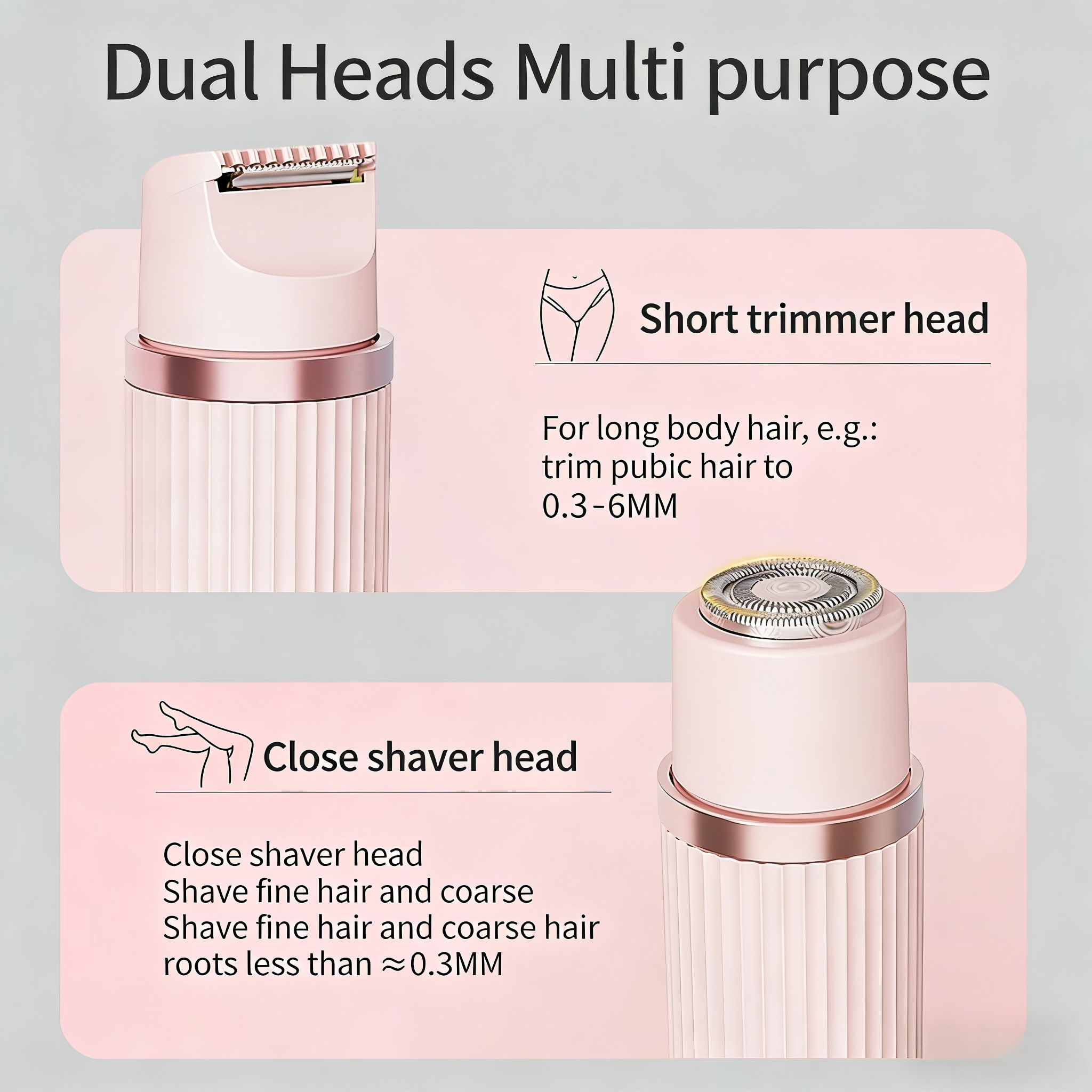 DIFELOP 2-in-1 Bikini Trimmer for Women, Dual Head Electric Razors Shaver | Painless Bikini, Body & Facial Hair Remover for Wet/Dry Use, Pink