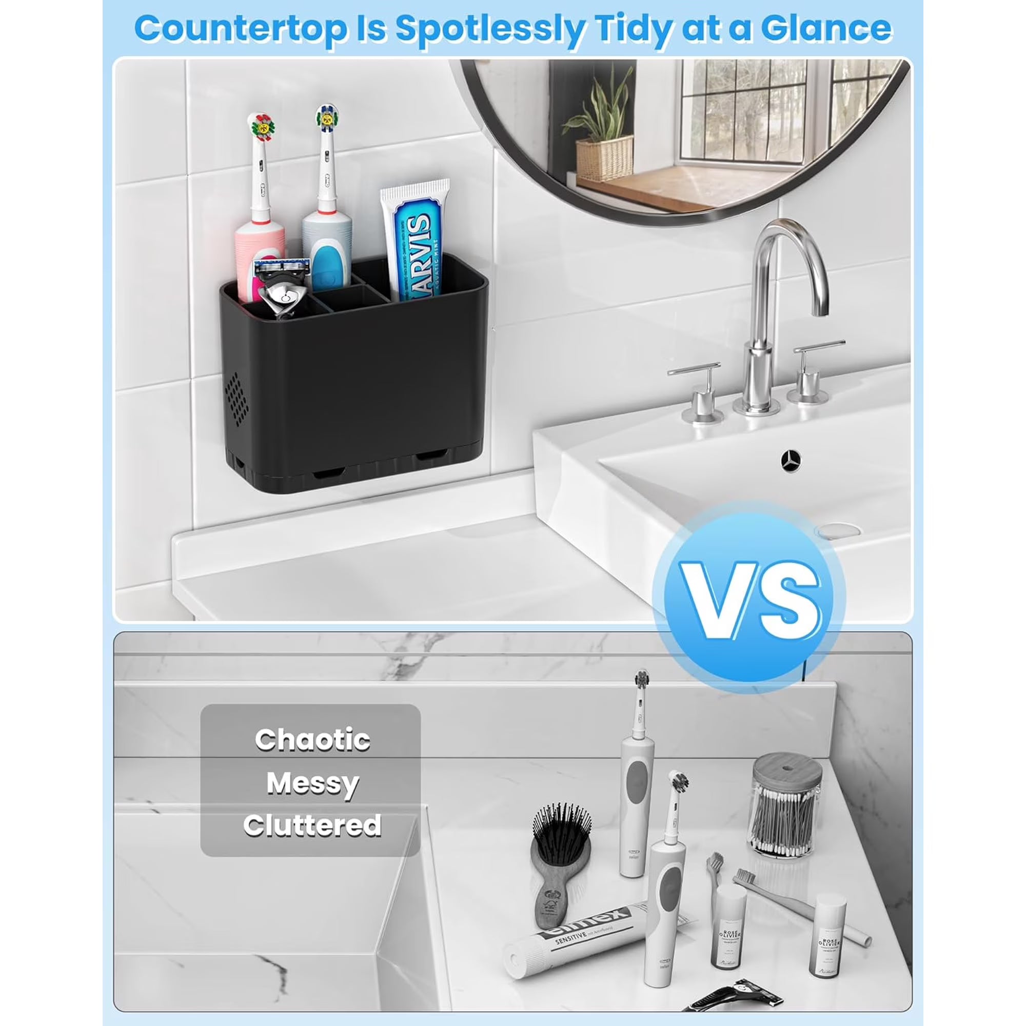 DIFELOP Toothbrush Holder Organizer for Bathroom Sink, Black Countertop Stand with Dividers and Toothpaste Slot, Vanity & Office Storage