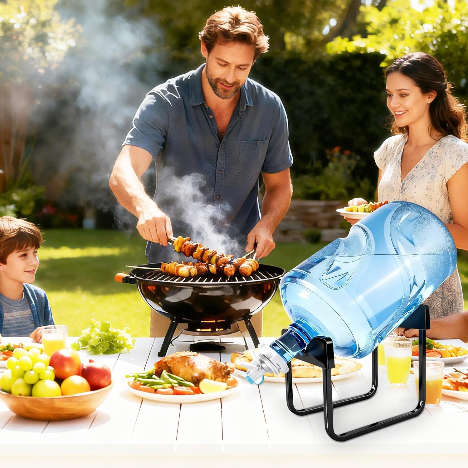 Stainless Steel 3-5 Gallon Water Jug Stand and 1 Dispenser Valves, Rust-Resistant Non Slip Water Stand with BPA Free Fast Flow Water Spout (Black)